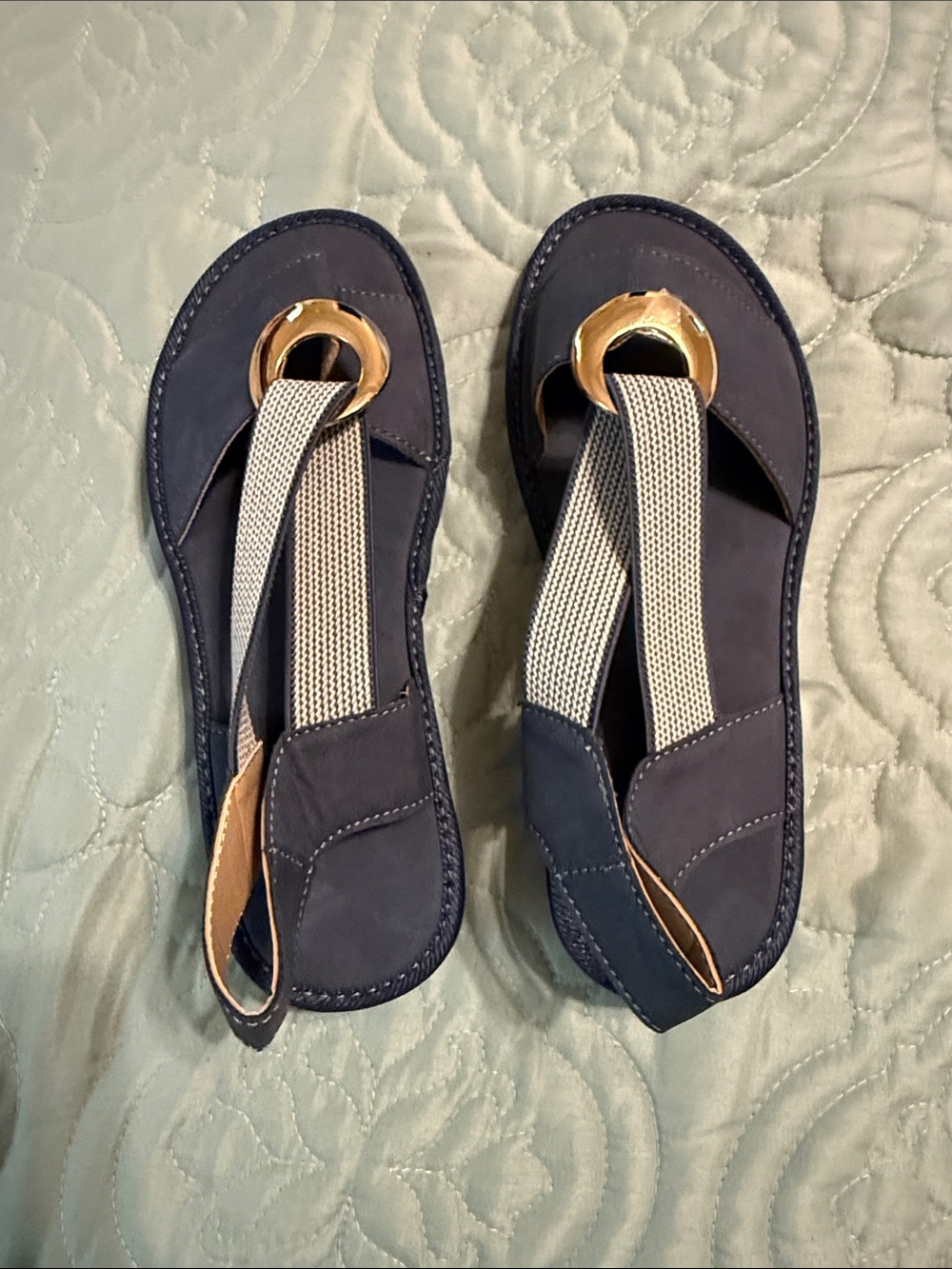 Women's Navy Slingback Sandals with Gold Ring Accent